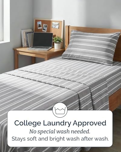 Twin XL 3 Piece Sheet Set - College Dorm Room Essentials - Grey Stripes - Image 6