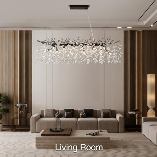 YUYI 47" Black Crystal Chandelier, 14-Light Modern Tree Branch Chandeliers for Dining Room, Luxury Rectangular Chandelier for Kitchen Island, Living Room, Foyer, K9 Crystal Raindrop Light Fixture - Image 3