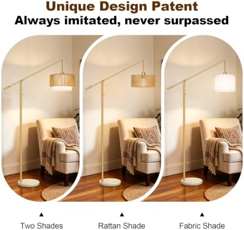 【Upgraded】Boho Dimmable Floor Lamp with Adjustable Swing Arm, 1100 Lumens Bulb Included, Modern Standing Lamp with Rattan & Fabric Shades, Tall Arc Floor Lamp for Living Room Bedroom, Gold, Heavy Base - Image 6