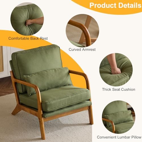 Bonnlo Dark Green Linen Mid Century Modern Accent Chair, Soild Wood Padding Lounge Armchairs Side Sitting Chairs for Living Room, Bedroom, Guest Room - Image 3