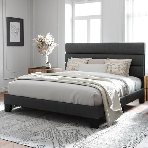 Allewie King Size Platform Bed Frame with Fabric Upholstered Headboard Gray - Image 3
