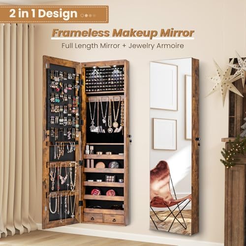 NAFORT 2 LEDs Full Length Mirror with Jewelry Armoire, Jewelry Organizers and Storage with 2 Mounting Options, 47.5”H Jewelry Cabinet with 2 Drawers, Make up & Lockable Jewelry Box, Rustic Brown - Image 4