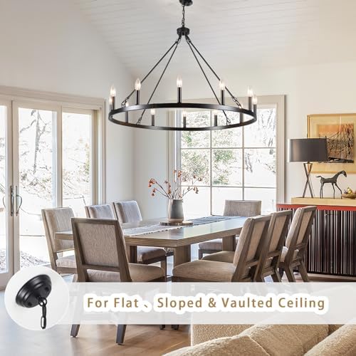 Wagon Wheel Chandelier 12 Light 38" Large Black Farmhouse Chandelier for Dining Room Rustic Country Pendant Light Fixtures Hanging Modern Round Chandeliers for Living Room High Ceilings Foyer Entryway - Image 3