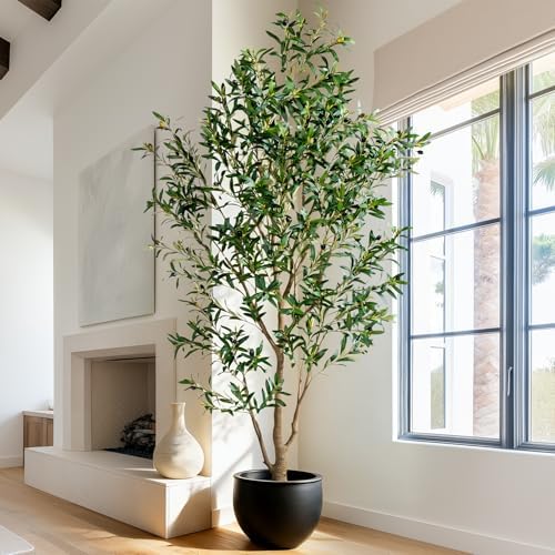 7FT Artificial Olive Tree with Realistic Leaves & Natural Trunk, Faux Silk Olive Plant in White Planter, Tall Fake Tree for Modern Home Office Living Room Entryway Corner Decor, Maintenance Free by BringNatureToYourHome%EF%BC%81