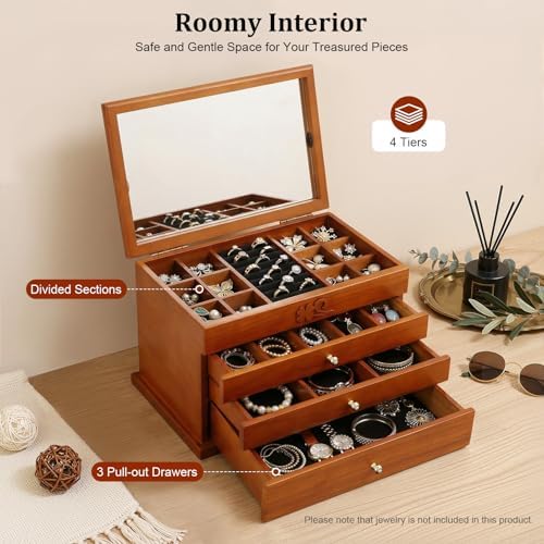 Large Wooden Jewelry Box with Mirror, 4 Layers Jewelry Organizer with 3 Drawers, Watches Necklace Ring Storage Box for Women - Image 2