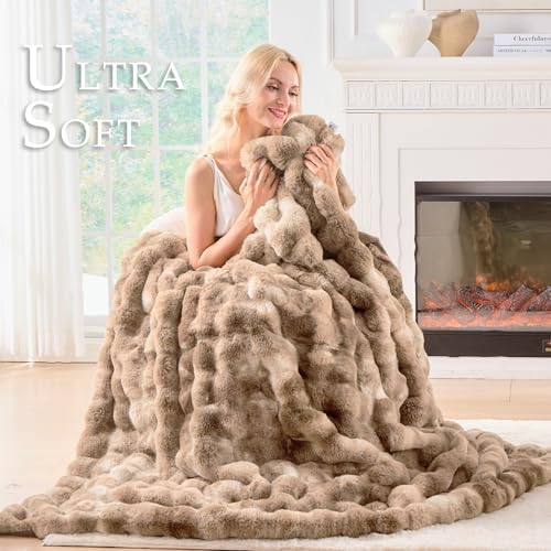 BENVWE Fluffy Faux Fur Throw Blanket for Couch - Soft, Plush, Thick, Cozy, Fuzzy Luxury Minky Bubble Blanket for Home Living Room Decor, Gifts for Women, Tie-dye Brown, 51" x 63", 1100GSM - Image 3
