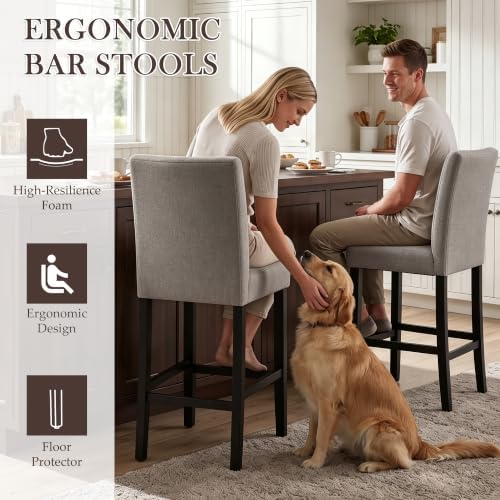 GOTMINSI Counter Height Bar Stool, Classic Upholstered 24 Inches Counter Height Stools Set of 2 barstools with Solid Wood Legs and Grey Fabric - Image 3