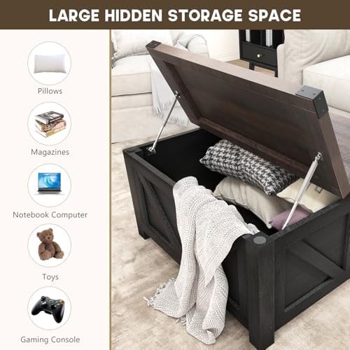 jimeimen Farmhouse Lift Top Coffee Table with Storage, Wood Square Center Table with Charging Station&USB Port, Living Room Table w/Large Hidden Space, for Living Room, Bedroom, Home Office, Black - Image 3