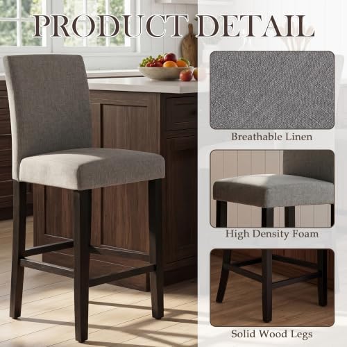 GOTMINSI Counter Height Bar Stool, Classic Upholstered 24 Inches Counter Height Stools Set of 2 barstools with Solid Wood Legs and Grey Fabric - Image 6