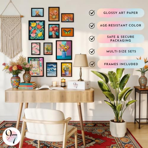 97 Decor Colorful Eclectic Wall Art, 12 Framed Prints, Black Frame - Image 5