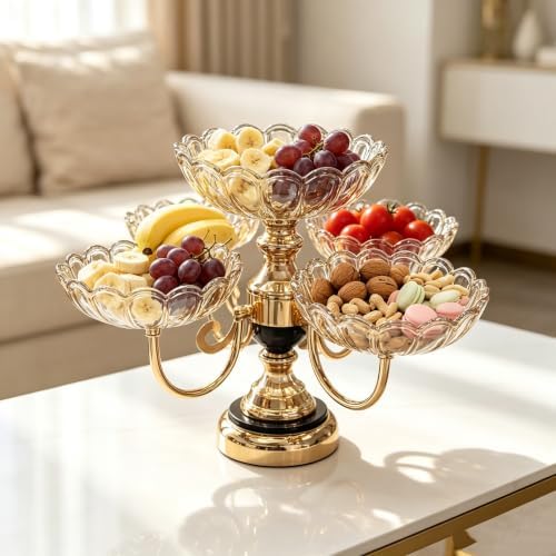 Rotatable 5 Plate Amber Electroplated Glass Fruit Serving Stand 1 Large Fixed Bowl 4 Rotatable Small Bowls Gold Metal Snack Tray Decorative Candy Nut Dessert Display for Dining Table Home Party Decor by Unknown