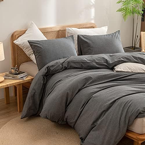 BESTOUCH Cotton Solid Duvet Cover Set Linen Feel Dark Grey Super Queen - Image 5