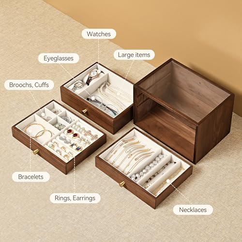Black Walnut Jewelry Box for Women, 3 Layer Wooden Organizer with Glass Lid - Image 4