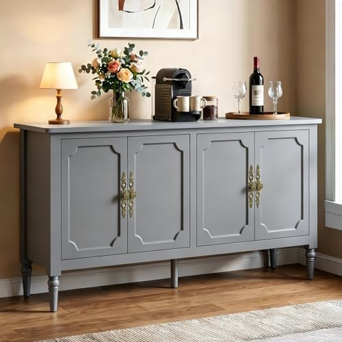 RoyalCraft Buffet Cabinet with Storage, 59" Vintage Sideboard with Adjustable Shelves, Mid Century Modern Painted Credenza Coffee Bar for Kitchen, Dining Room, Entryway, Living Room, Dove Gray by Bringyoubetterlife