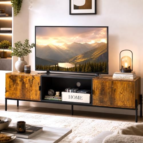 WLIVE 58" TV Stand for 65 Inch TVs, Mid Century Modern Entertainment Center with 2 Storage Cabinets & Open Shelf, Media Console Table with Metal Legs for Living Room, Bedroom, Rustic Brown by WLIVE