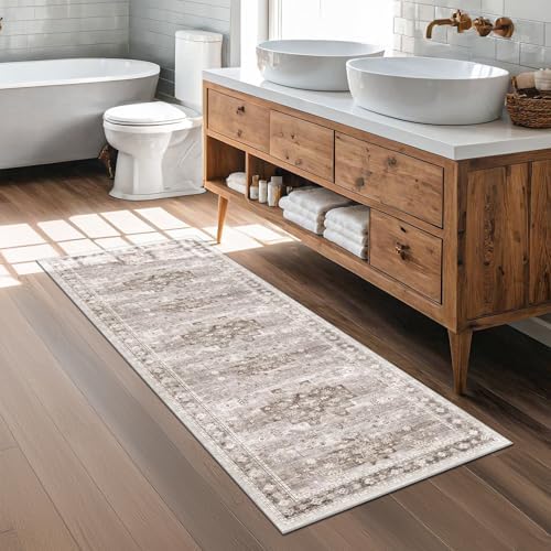 Hazo Haus Boho Bathroom Rug 2x5 Runner, Neutral Farmhouse Kitchen Rugs, Small Throw Runners for Laundry Room Bedroom, Vintage Floral Décor, Non-Slip Low-Pile Washable Stain Resistant Beige Latte by HazoHaus