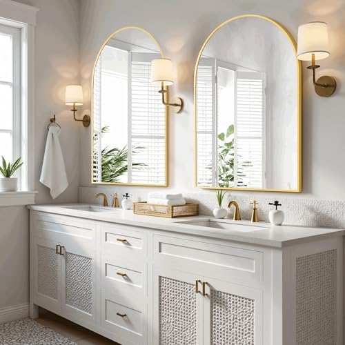 Arched Bathroom Mirror for Wall, 30" x 20" Metal Frame Vanity Mirror, Gold - Image 3