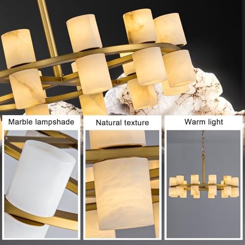 Alabaster Chandelier, Natural Spanish Stone Texture Chandeliers, D23.6in Round Chandeliers for Dining Room Small Chandelier Light Fixture for Kitchen Living Room Foyer Entryway Hallway (Brass) - Image 5