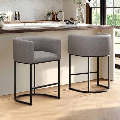 Counter Height Bar Stools, 24 Inch Seat Height Barstools for Dining Room, Fabric Upholstered Bar Chair for Kitchen Island, Linen Counter Stools with Metal Legs, Gray - Image 2