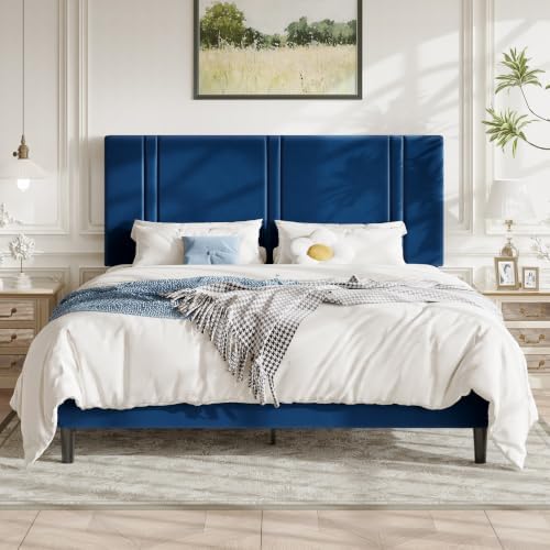 Allewie Cal King Platform Bed Frame with Velvet Upholstered Headboard by Allewie