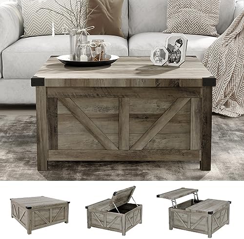 jimeimen Farmhouse Lift Top Coffee Table with Storage, Wood Square Center Table with Charging Station&USB Port, Living Room Table w/Large Hidden Space, for Living Room, Bedroom, Home Office, Grey - Image 6