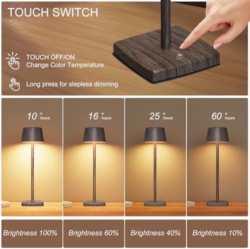 Cordless Rechargeable LED Table Lamp Set of 2, Walnut - Image 3