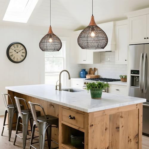 Black Rattan Pendant Light, 15.7" Rattan Chandelier Hand-Woven Wicker Pendant Light Fixtures with Solid Wood, Basket Hanging Lighting for Dining Room Kitchen Island Living Room - Image 6