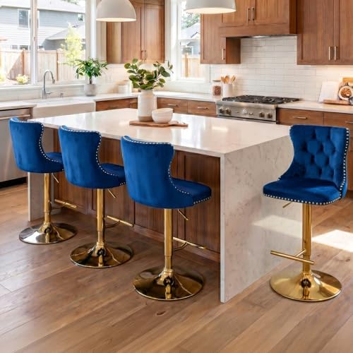 SoarFlash Velvet Bar Stool Set of 4, Adjustable Swivel Bar Stools with Gold Plated Metal Leg, Button Tufted, Footrest, Chrome Nailhead, Counter Height Chair for Kitchen, Bar, Dining Room (Blue) - Image 3