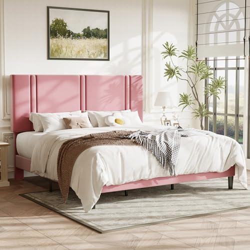 Allewie King Size Platform Bed Frame with Velvet Upholstered Headboard - Image 3