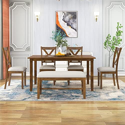 6-Piece Dining Room Table Set, Rustic Farmhouse Wood Dining Table Set with Rectangular Table 4 Upholstered Padded Chairs and 1 Padded Bench, Dining Set for Family of 4-6 People by Unknown