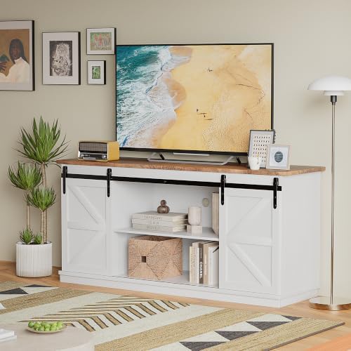 JUMMICO TV Stand for 65 Inch TV, Sliding Barn Doors, White - Image 7