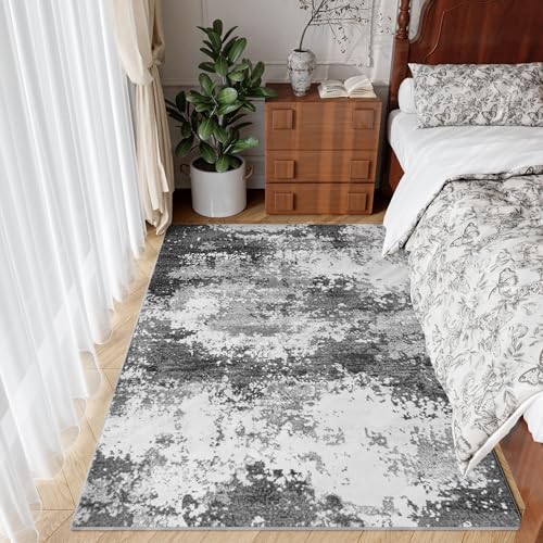 Washable Rug 4x6 Entryway Rugs for Living Room Bedroom Carpet, Grey Indoor Vintage Abstract Boho Large Area Rug Non Slip Faux Wool Rugs for Dorm, Dining Room Table, Nursery, Kids Playroom, Gray - Image 3