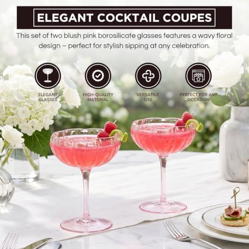 Khen Flower Modern Wavy Glass Coupes Martini, Champagne & Cocktail Coupes - Set of 2-7.7oz Colorful Cocktail Glasses & Prosecco, Mimosa Glassware Copyright Design - Blush Pink - Image 4