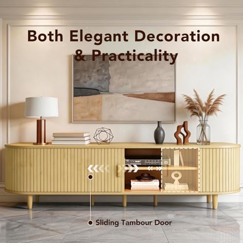 MXV 80" Mid-Century Modern TV Stand with Sliding Doors, TV Consoles with Power Outlet, Fluted Entertainment Center with Adjustable Shelves, for Living Room - Image 6
