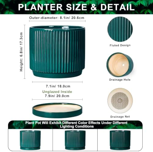 8 Inch Ceramic Planter, Round Pots for Plants, Blackish Green - Image 2