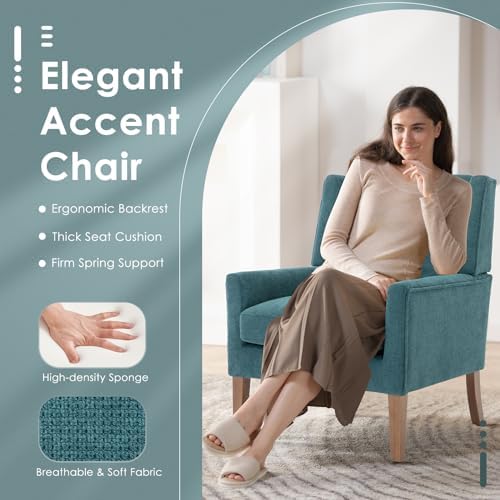 COLAMY Modern Wingback Living Room Chair, Upholstered Fabric Accent Armchair, Single Sofa Chair with Lounge Seat and Wood Legs for Bedroom/Office/Reading Spaces, Teal - Image 3