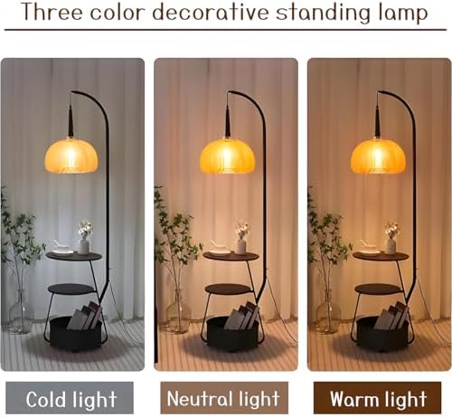 Bofea-Modern Arc Floor Lamp with Table & Shelves,Vintage Floor Lamps for Living Room,Mid Century Tall Standing Lamp with Walnut Shade,Adjustment Height Corner Lights for Bedroom Study Office - Image 6