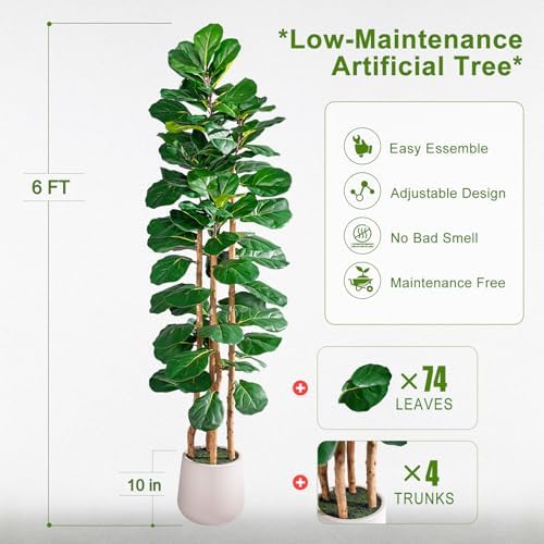 Tall Fake Fiddle Leaf fig Trees Large Artificial ficus Tree Indoor Outdoor Realistic Floor Plant Faux Plastic Plants Flowers for House Home Living Room Office Front Porch Modern Farmhouse Decor - Image 2