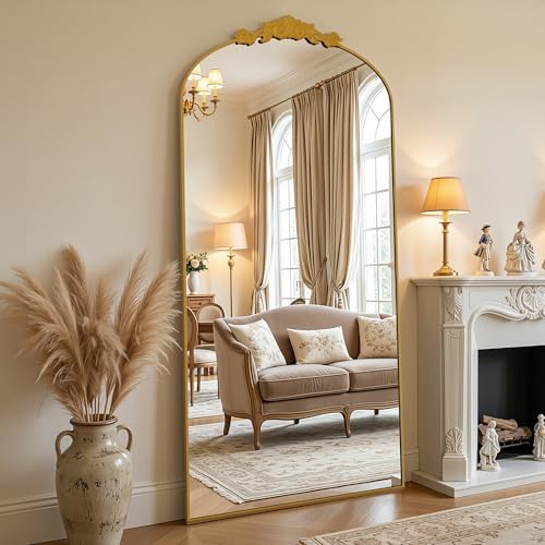 Vintage Full Length Mirror,76"x34" Arched Antique Floor Mirror with Carved Metal Frame,Large Standing Wall Mounted or Leaning Mirror for Bedroom Living Room Entryway,Gold by Furnbar