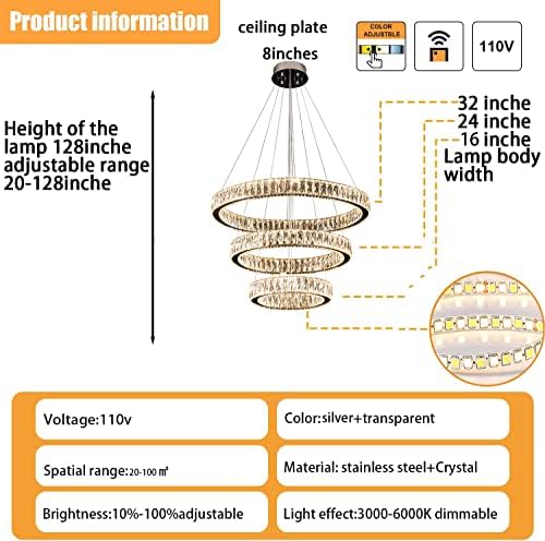 3 Rings Crystal Chandeliers 32"+24"+16" Crystal Ceiling Light Fixture Pendant Lighting Hanging Lamp for Living Room LED Dimmable 3000-6000K - Image 3