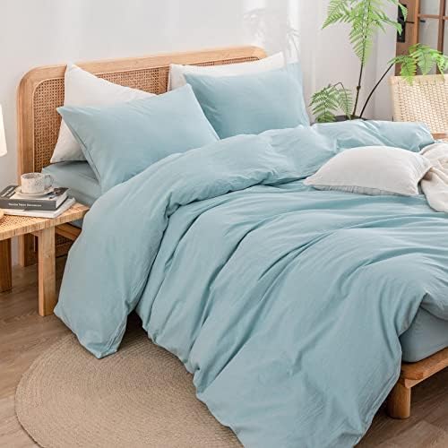 BESTOUCH Cotton Solid Duvet Cover Set Linen Feel Hushed Green Queen - Image 5