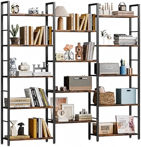 Shintenchi Triple 5 Tier Bookshelf, Industrial Large Bookcase with 14 Open Display Shelves, Large Etagere Bookshelf,Wide Book Shelf Book Case for Home & Office, Brown by Shintenchi%7CFurnitureMadeforRealLife