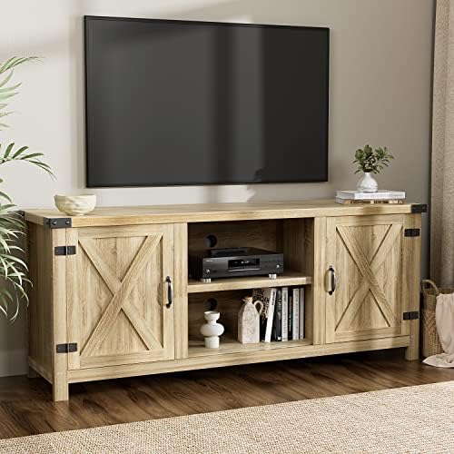 YESHOMY Modern Farmhouse TV Stand with Barn Doors for 65 Inch TV, White Oak - Image 2