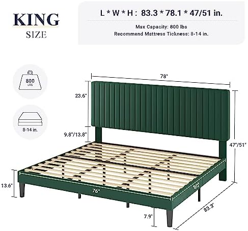 Allewie King Bed Frame, Velvet Upholstered Platform Bed with Adjustable Vertical Channel Tufted Headboard, Mattress Foundation with Strong Wooden Slats, Box Spring Optional, Easy Assembly, Green - Image 2