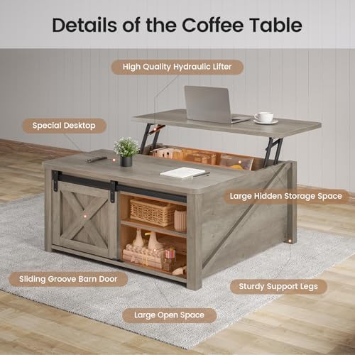 SEDETA 31.5" Lift Top Coffee Table with Storage, Square Coffee Tables for Living Room, Farmhouse Coffee Table with Large Hidden Storage Compartment and Adjustable Shelves, Grey - Image 3