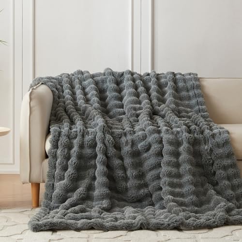 COOVA Soft Bubble Faux Fur Throw Blanket, 60"x80", Cationic Light Grey - Image 2