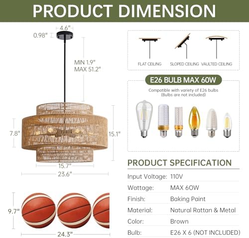 24" Rattan Chandelier for Dining Room, Large Boho Pendant Light - Image 5