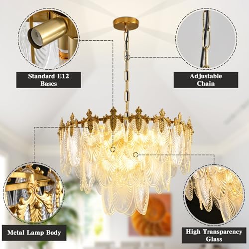 KELUOLY Antique Chandelier 3-Tier Glass Crystal Chandeliers, 9-Lights Gold Round Pendant Light 23.6" Brushed Brass Adjustable Height, Applicable to Dining Room, Bedroom, Living Room, Foyer, Kitchen - Image 4