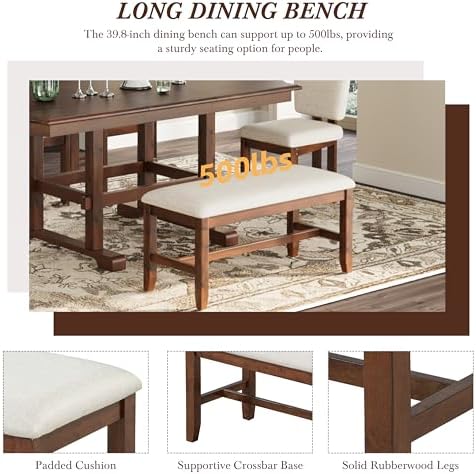 VilroCaz 6 Pieces Retro Functional Dining Set, Solid Wood Extendable Dining Table with 4 Upholstered Chairs and Bench, Traditional Dining Room Kitchen Table Set for 6 - Image 7