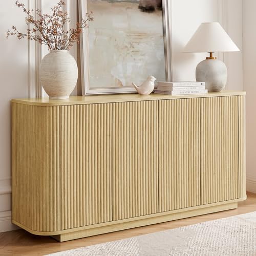 64" Fluted Buffet Cabinet with Storage, Natural Sideboard Cabinet by Home